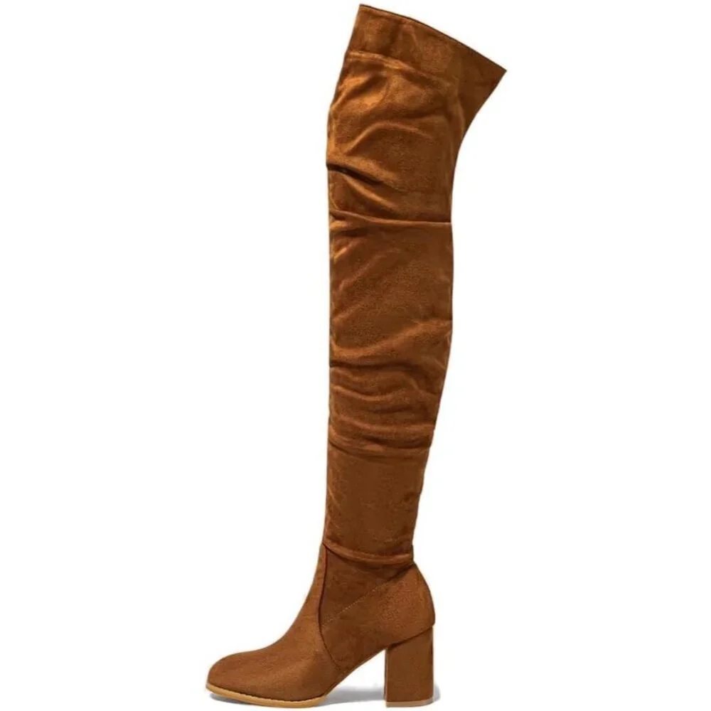 Women Brown Suede Leather Pull On Side Zipper Chunky Block Heel Thigh High Boots